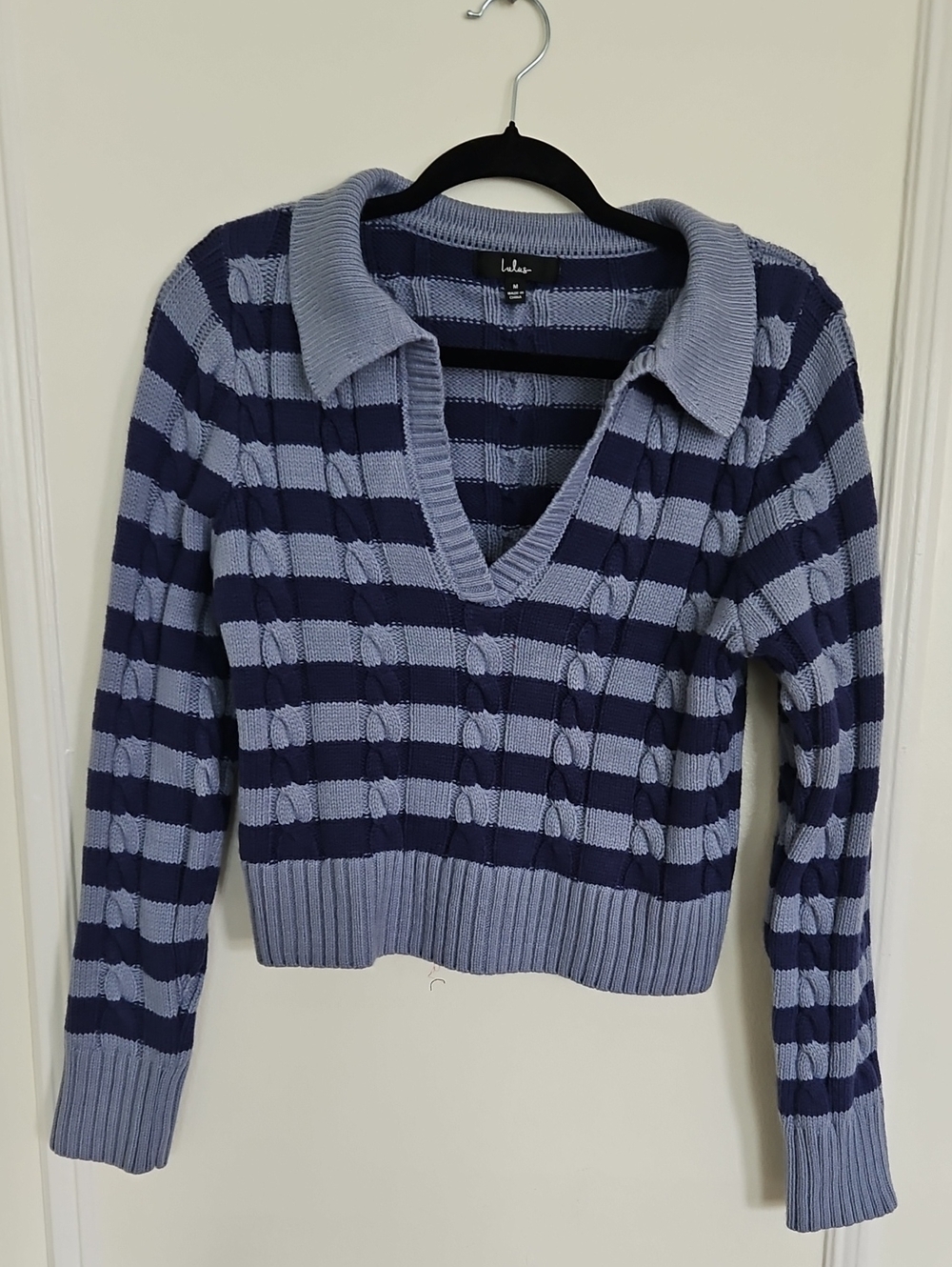 Lulu's Navy and Light Blue Striped Collared V-Neck Sweater